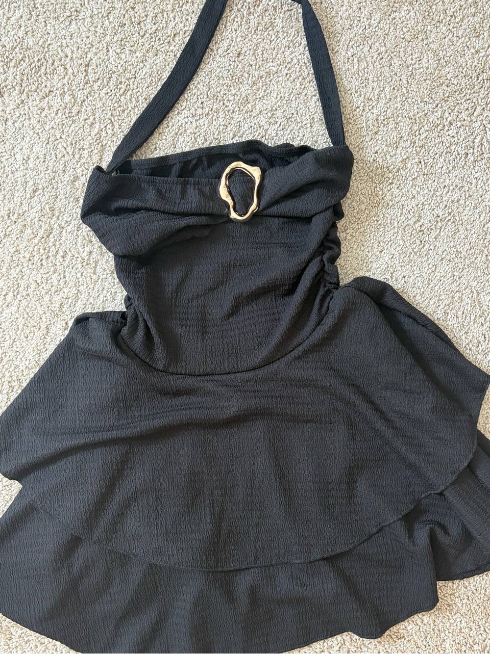 SHEIN Black Halter Neck Ruffle Dress with Gold Buckle